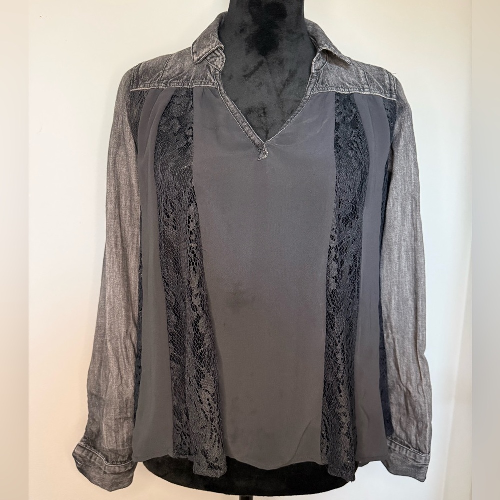 Free People Black Lace Denim Mixed Media Blouse XS Boho Sheer Panel Top